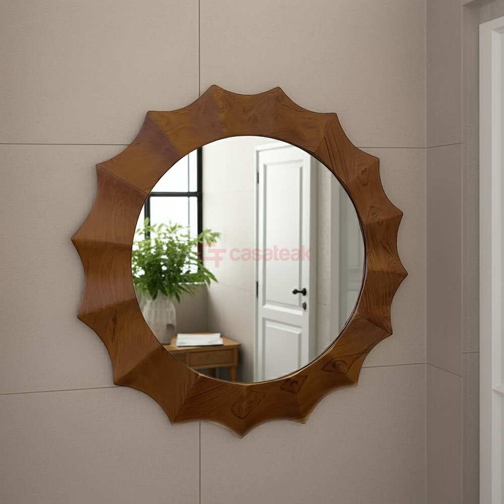 Teak Wood Round Mirror - Sunflower - Image 3